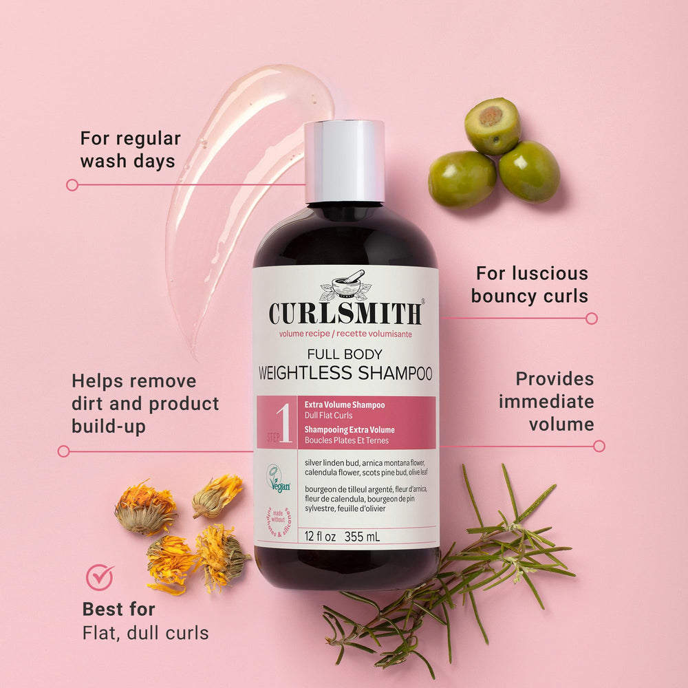 CURLSMITH Full Body Weightless Shampoo rich lather emphasizes gentle cleansing for curls.