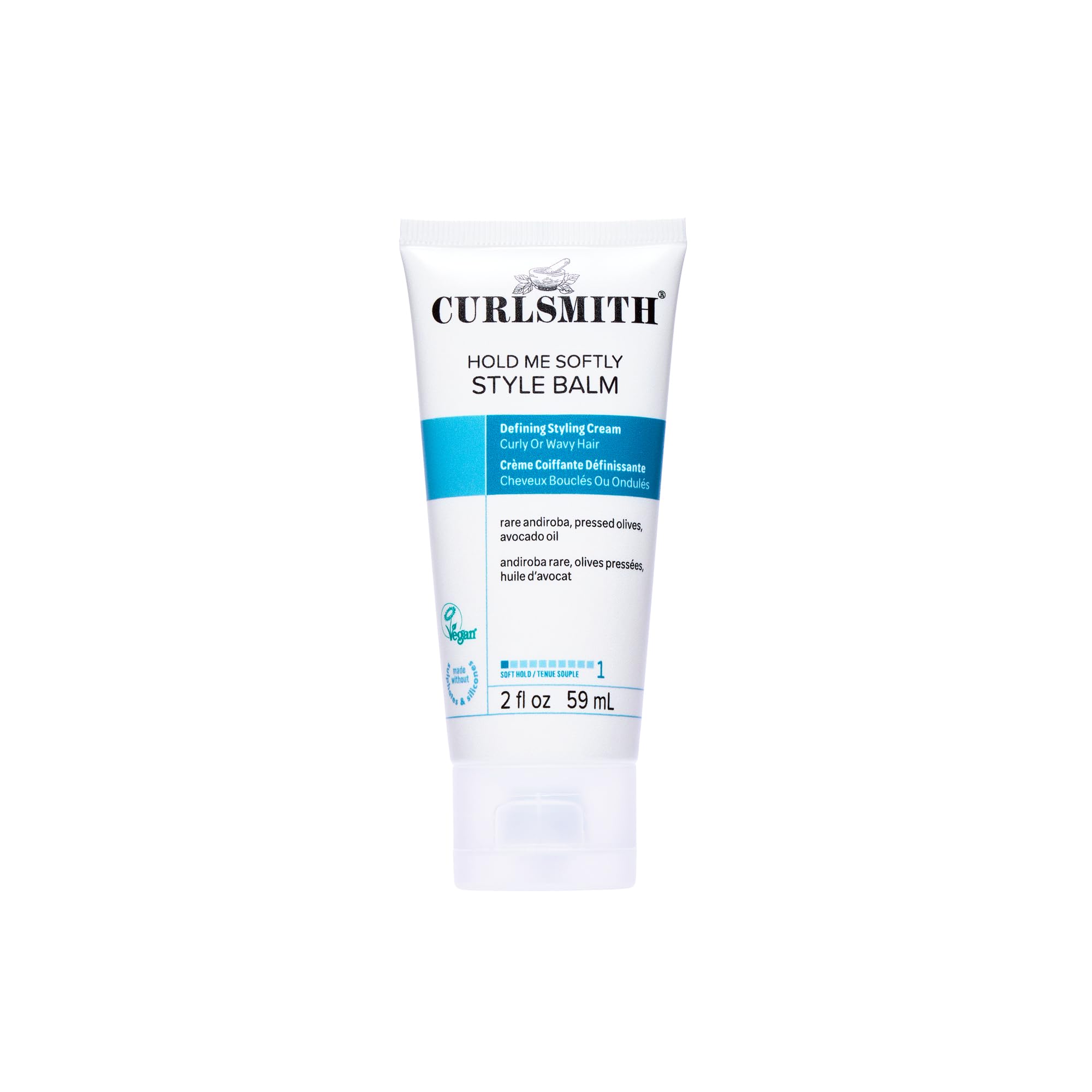 CURLSMITH Hold Me Softly Style Balm, botella 2 oz para uso diario y rizos definidos.