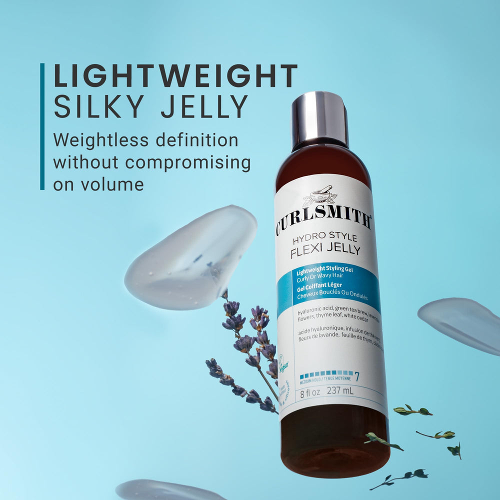 CURLSMITH Hydro Style Flexi-Jelly close-up shows defined curls sealing moisture for bounce.