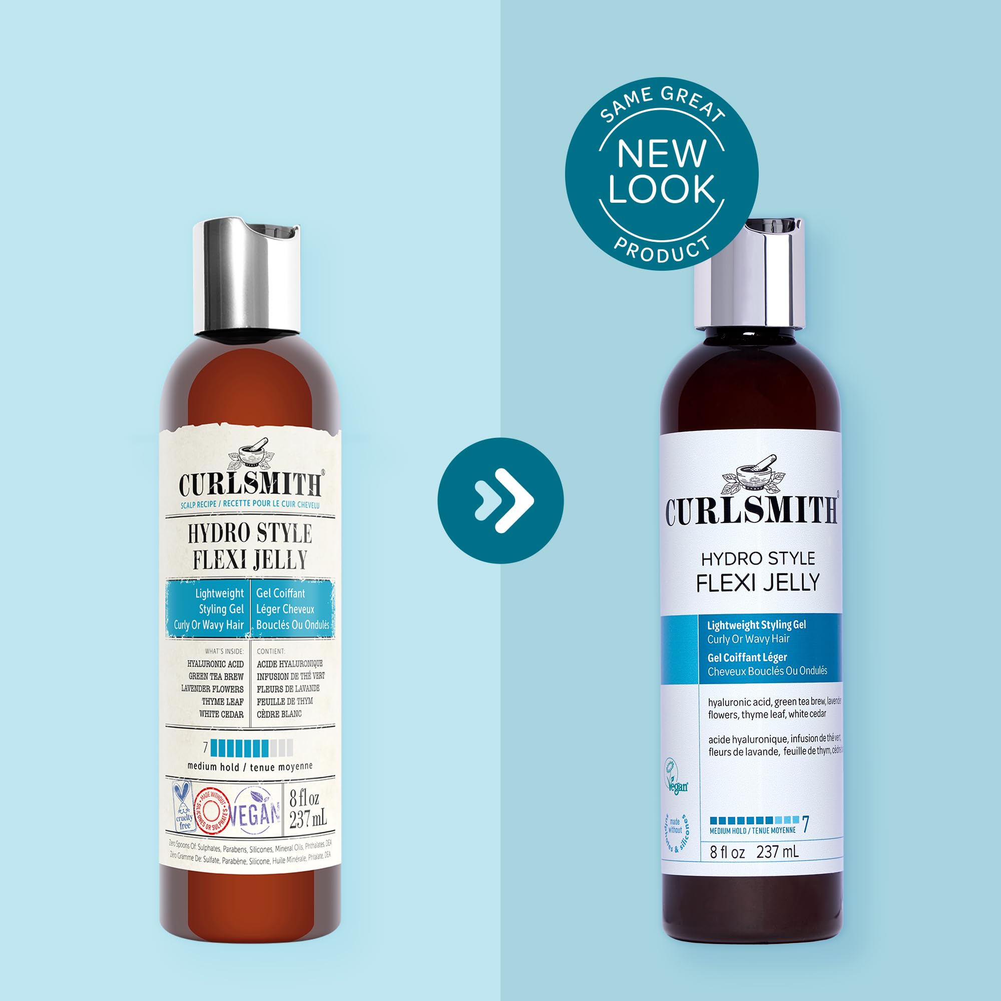 CURLSMITH Hydro Style Flexi-Jelly frizz reduction visible on flyaways with smooth touch.