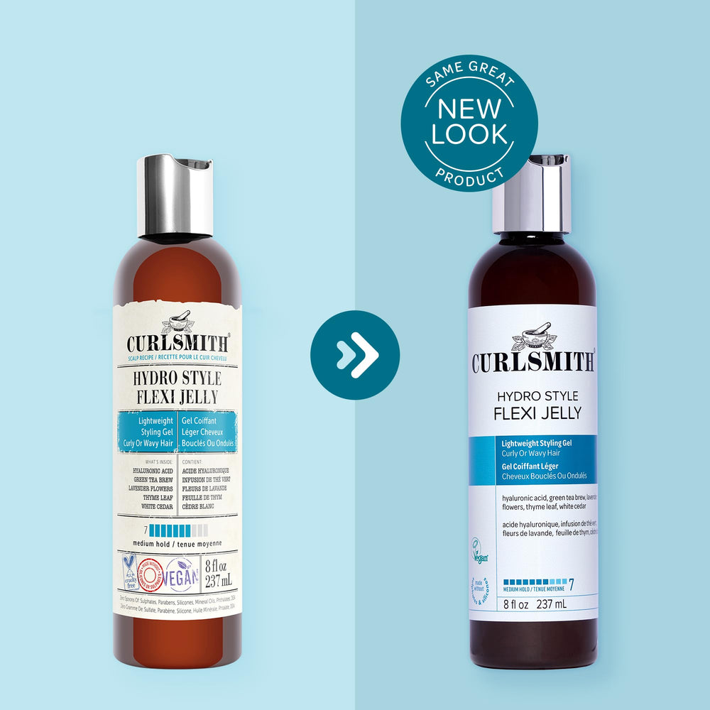 CURLSMITH Hydro Style Flexi-Jelly frizz reduction visible on flyaways with smooth touch.