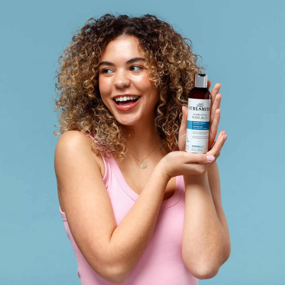 CURLSMITH Hydro Style Flexi-Jelly scrunch-out crunch after drying reveals soft, airy curls.