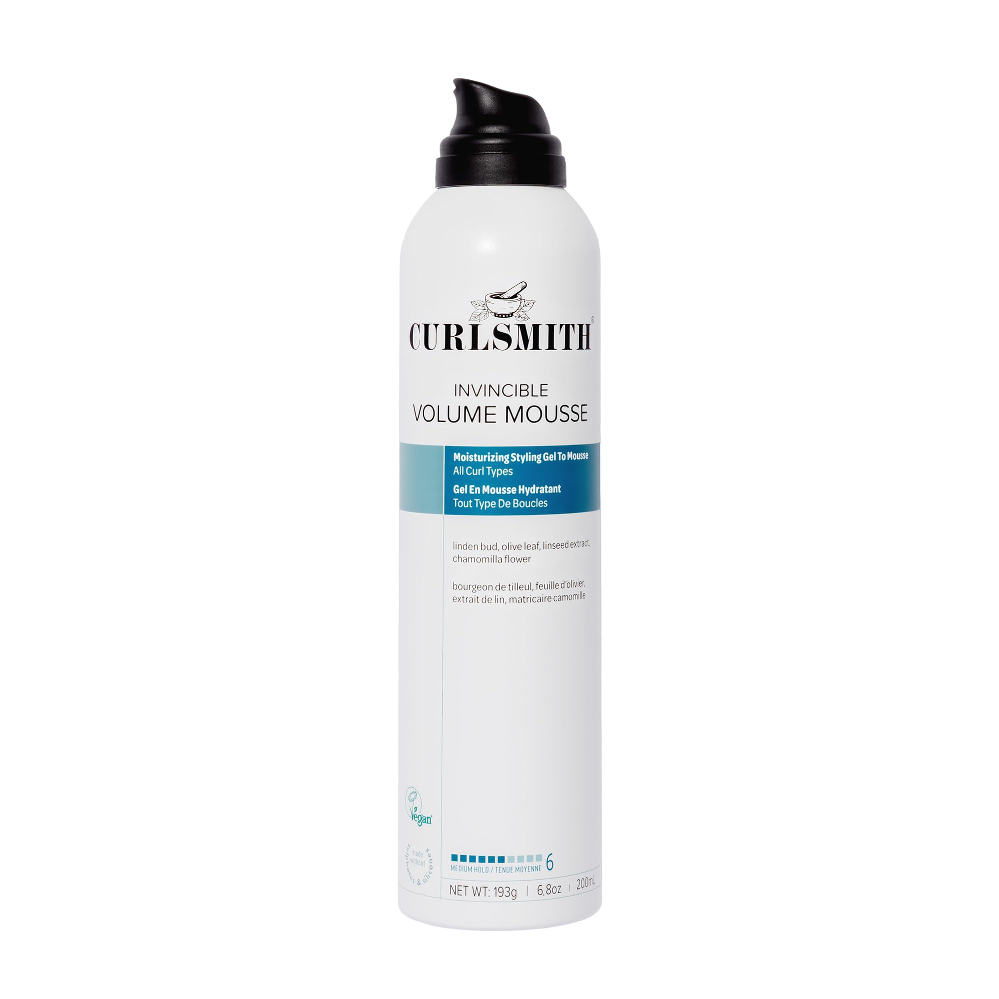 CURLSMITH Invincible Volume Mousse bottle front, alcohol-free formula for voluminous curls.