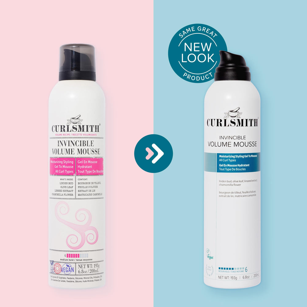 CURLSMITH Invincible Volume Mousse highlights olive stem cell complex in action.