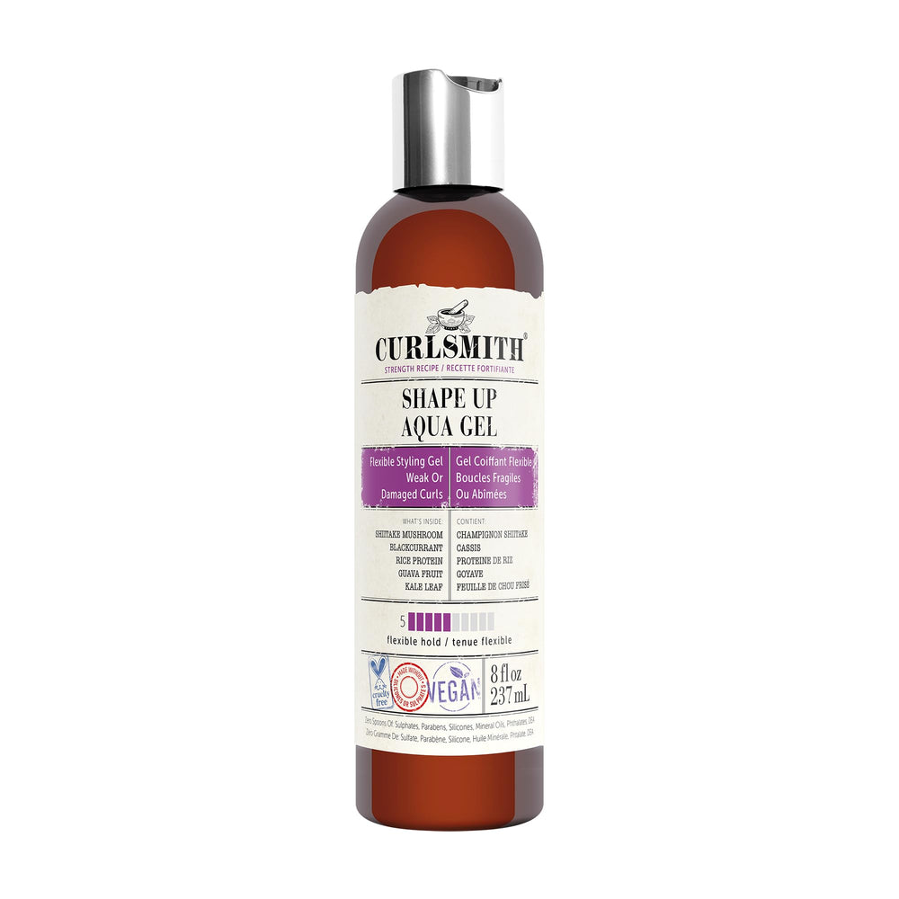 CurlSmith Shape Up Aqua Gel bottle showing lightweight hold for all curl types