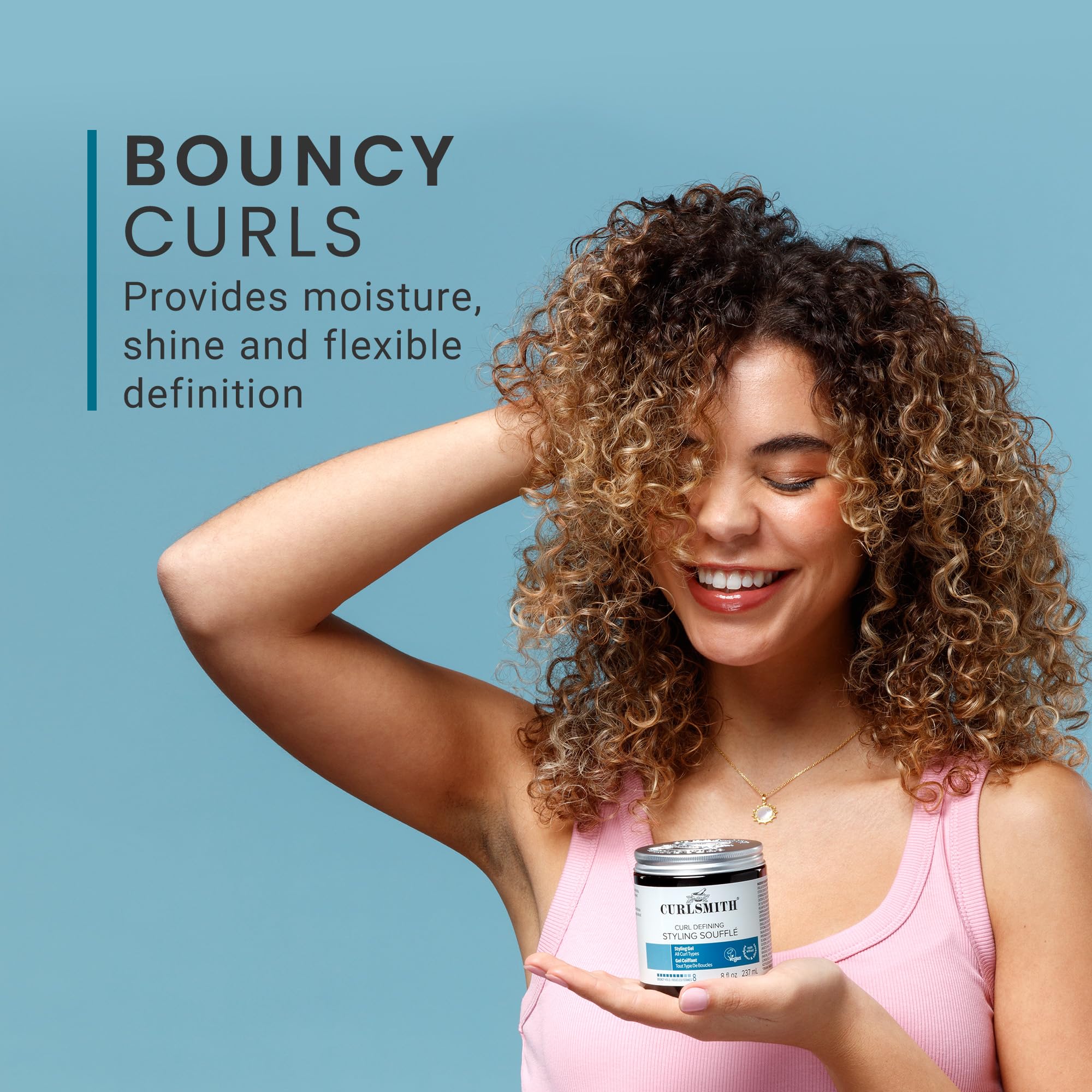 CurlSmith Soufflé cast on curls, scrunch-out-crunch reveals defined strands.