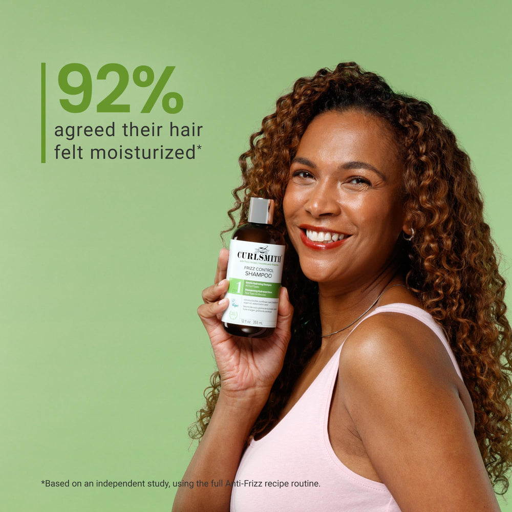 CURLSMITH twelve-ounce bottle stands beside shower essentials for regular use.