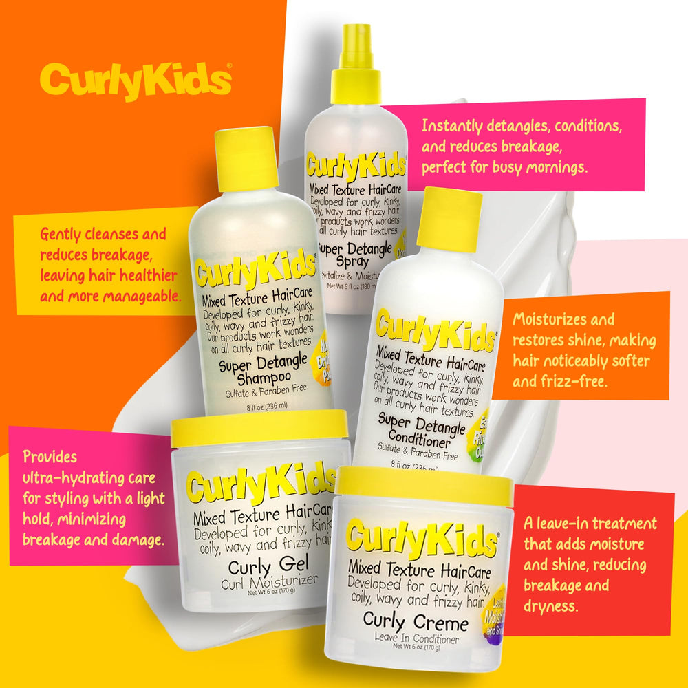 CurlyKids Detangle Shampoo bottle emphasizes gentle cleansing for curls.