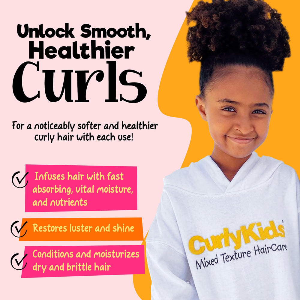 CurlyKids etiqueta de ingredientes naturales destaca hidratación suave para rizos.