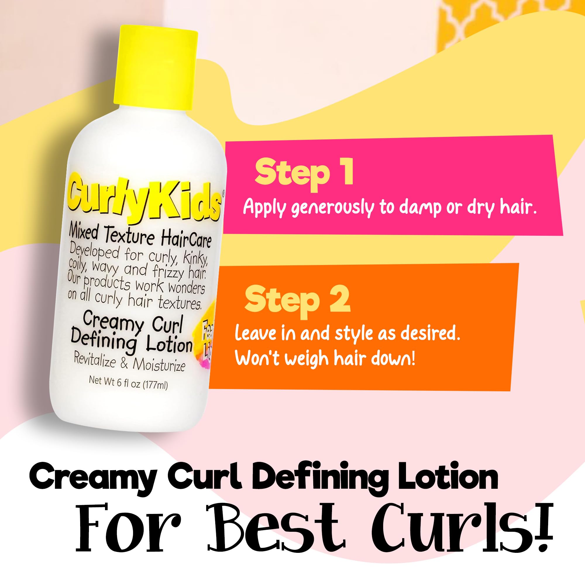 CurlyKids loción ayuda a lograr rizos definidos y suaves diariamente.
