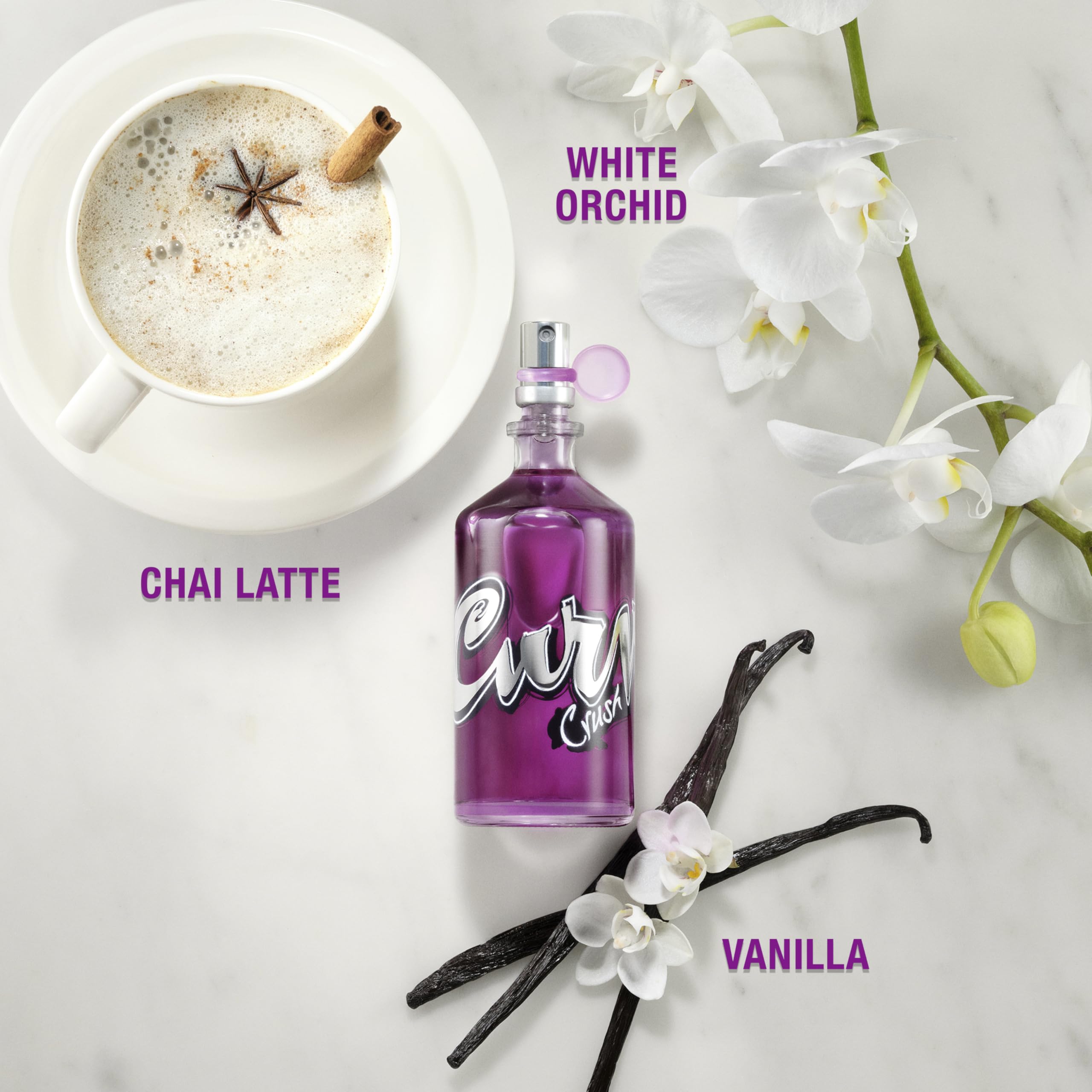 Curve Crush bottle with floral notes closeup, emphasizing chai latte and vanilla hints.