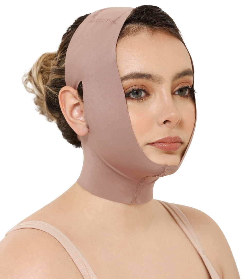 CURVEEZ face-toning belt post-surgery closeup shows gentle compression for recovery.