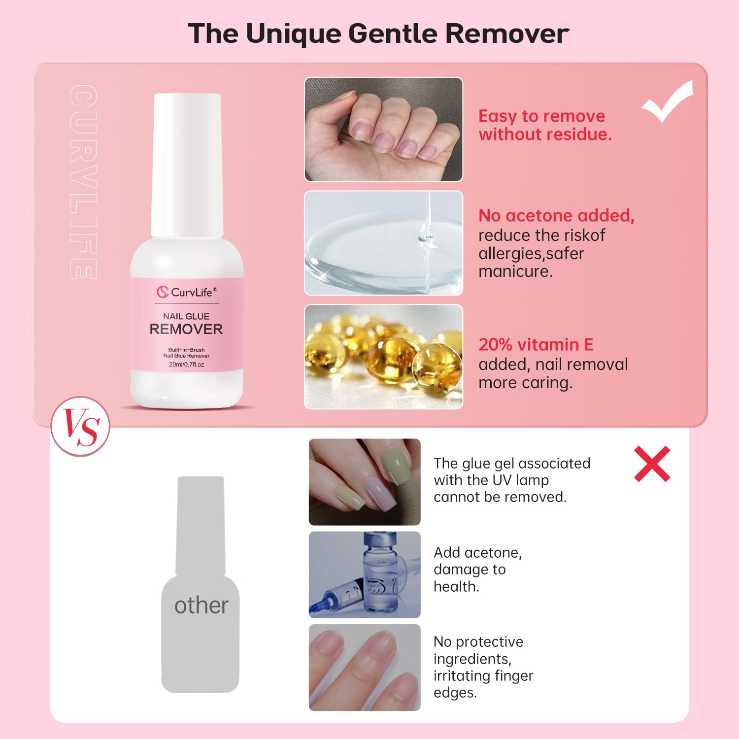 Curvlife brush applicator demonstrating precise glue debonding on nails.