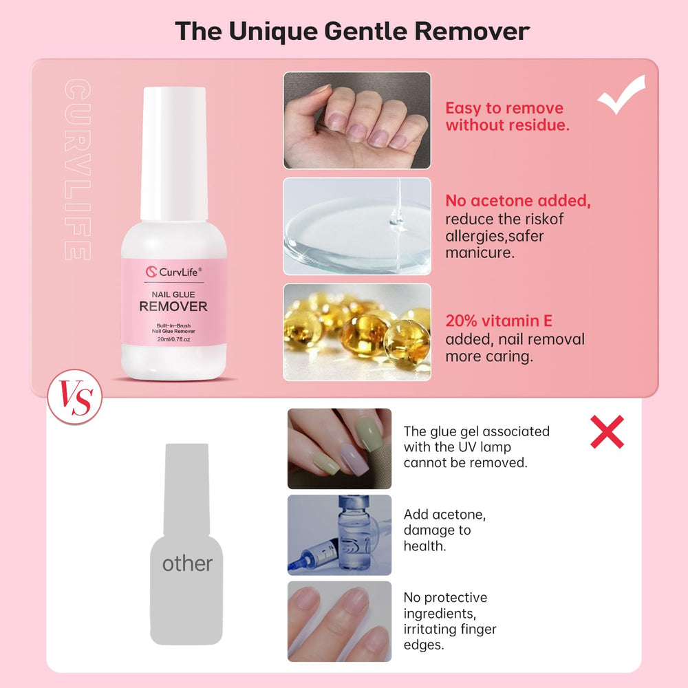 Curvlife brush applicator demonstrating precise glue debonding on nails.