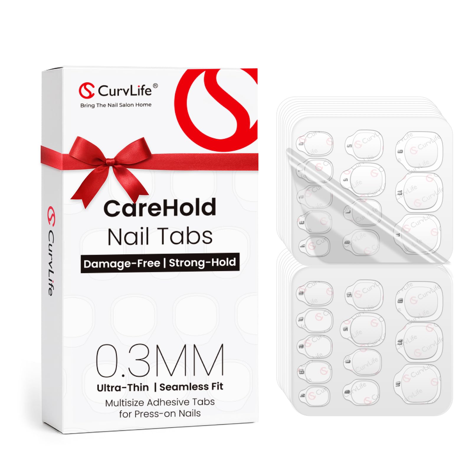 CurvLife CareHold: adhesivos para uñas, caja de 10 hojas, ajuste cómodo.