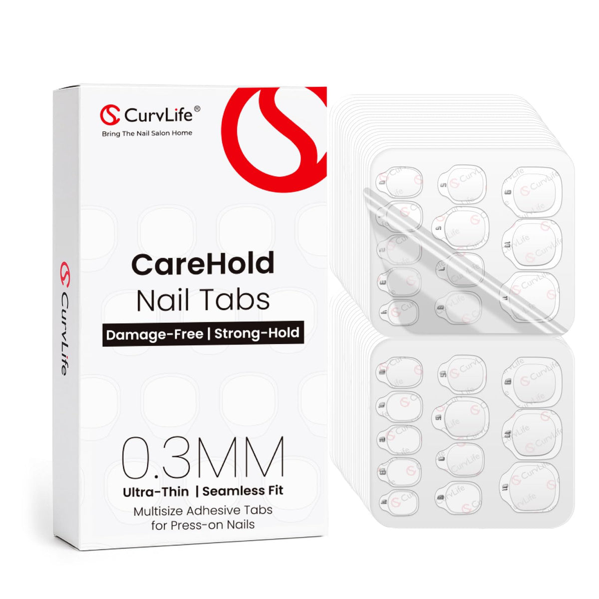 Curvlife CareHold: tapas adhesivas uñas 0.3mm para un acabado limpio y cómodo
