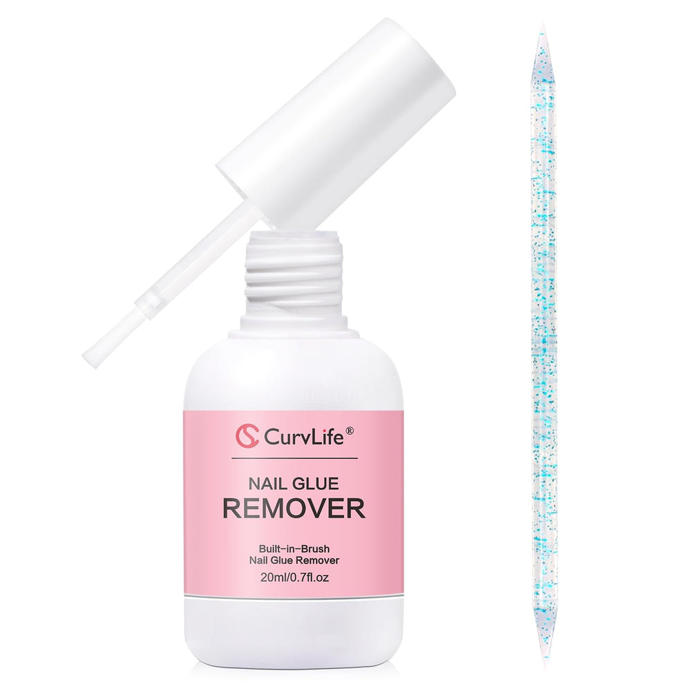Curvlife glue remover bottle with precision brush for quick nail glue removal.