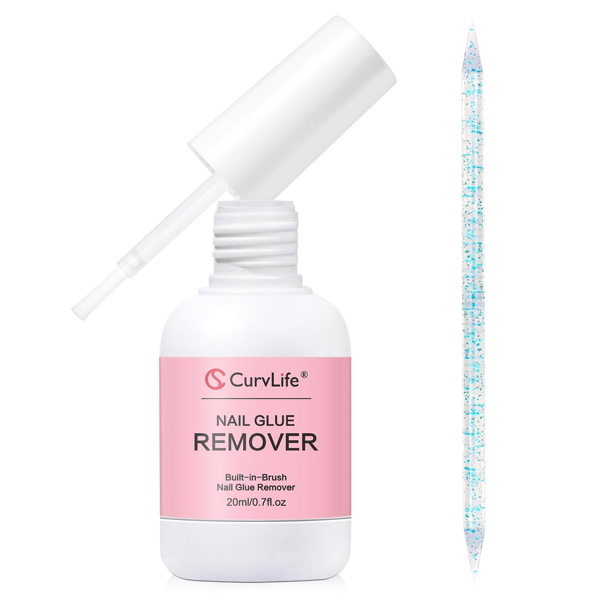 Curvlife glue remover bottle with precision brush for quick nail glue removal.