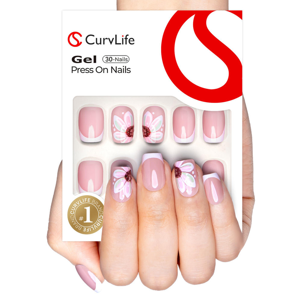 CurvLife kit uñas gel suave con puntas francesas florales para uso diario.