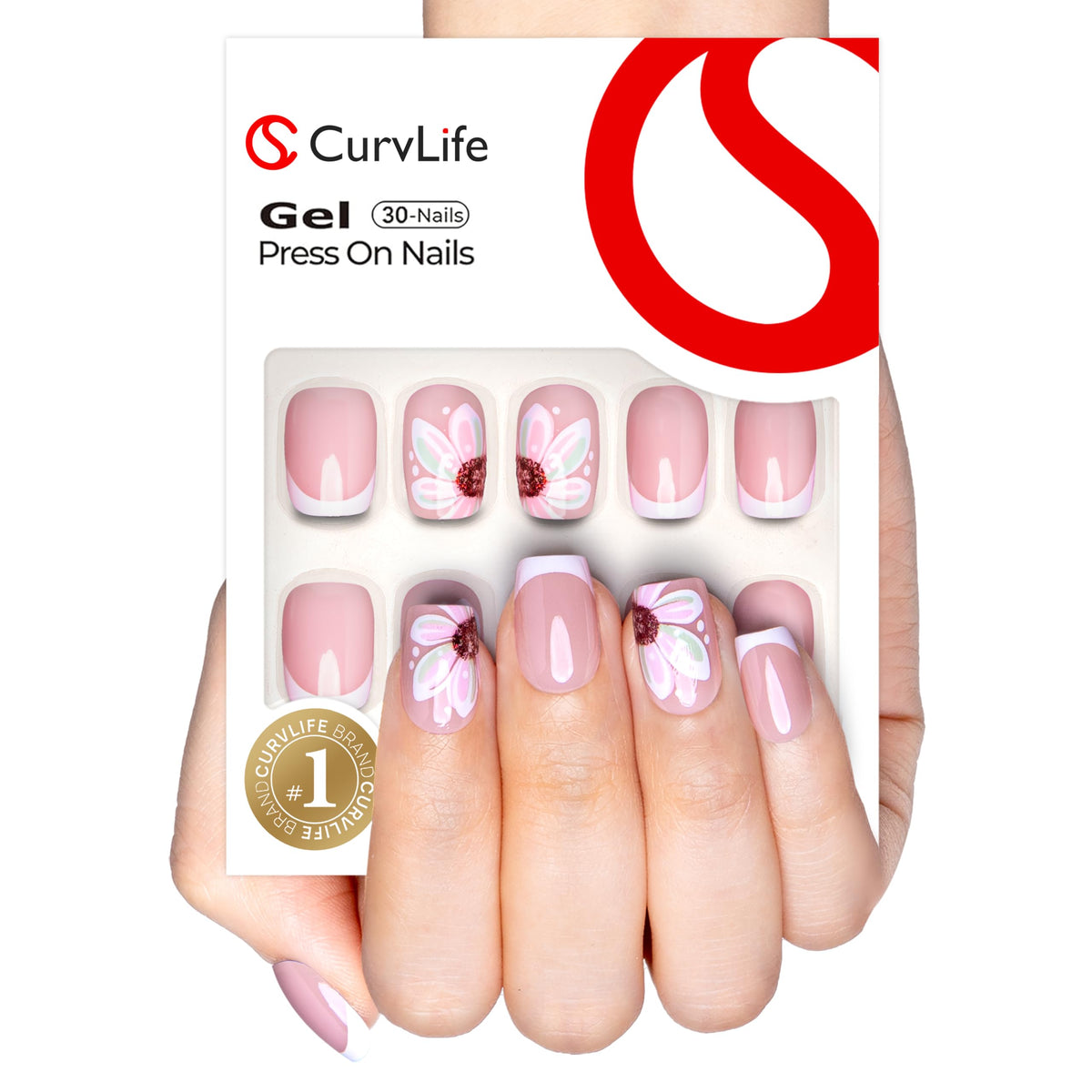 CurvLife kit uñas gel suave con puntas francesas florales para uso diario.