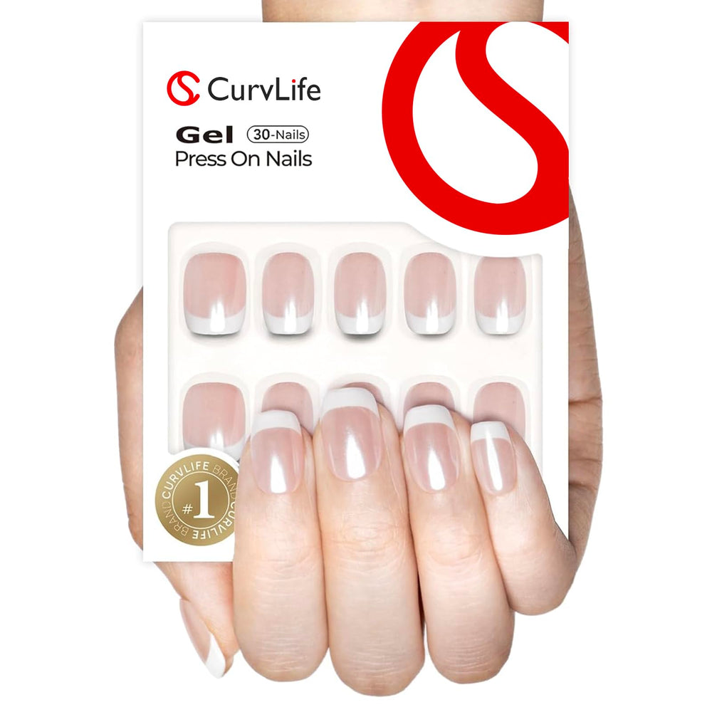 Curvlife uñas gel borde francés con brillo suave y 15 tallas para ajuste preciso.