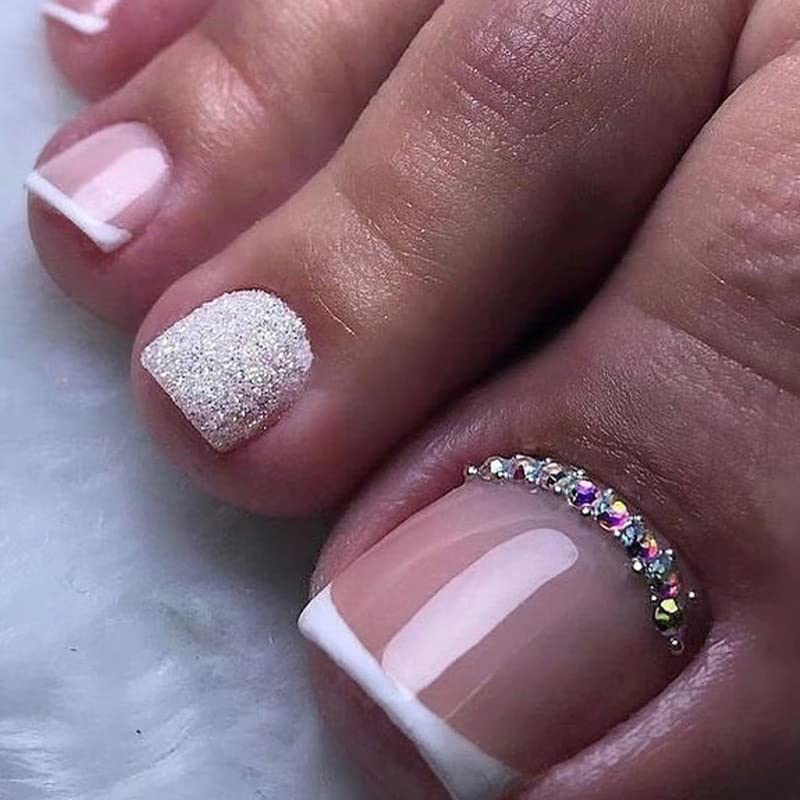 CurvLife uñas postizas para dedos francés corto, brillo para manicura rápida