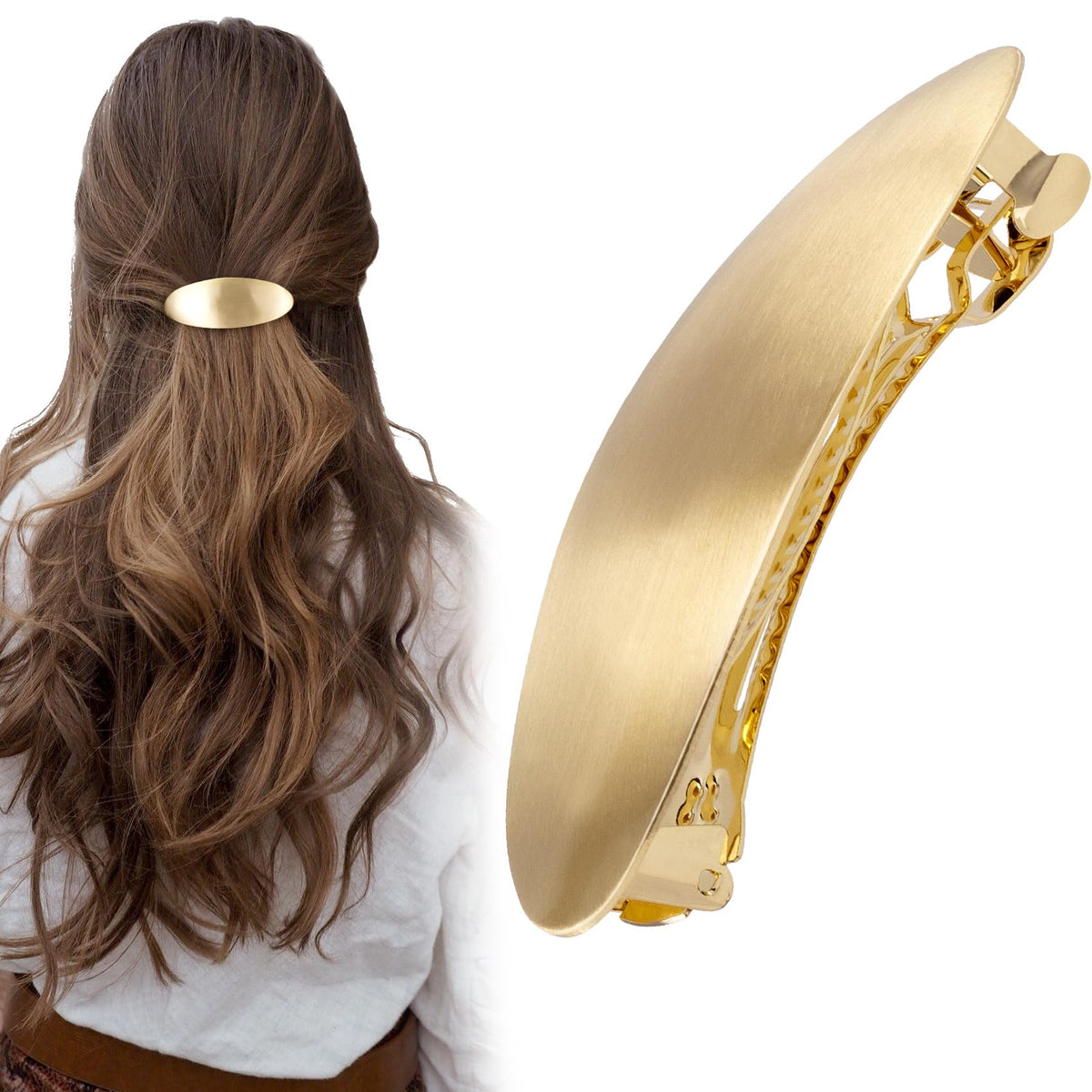 CustomyLife 3-inch oval gold barrette secures thick hair with elegant hold.