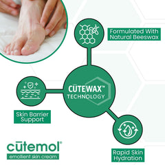 Cutemol Emollient Cream foot care shows targeted relief for dry, cracked feet.