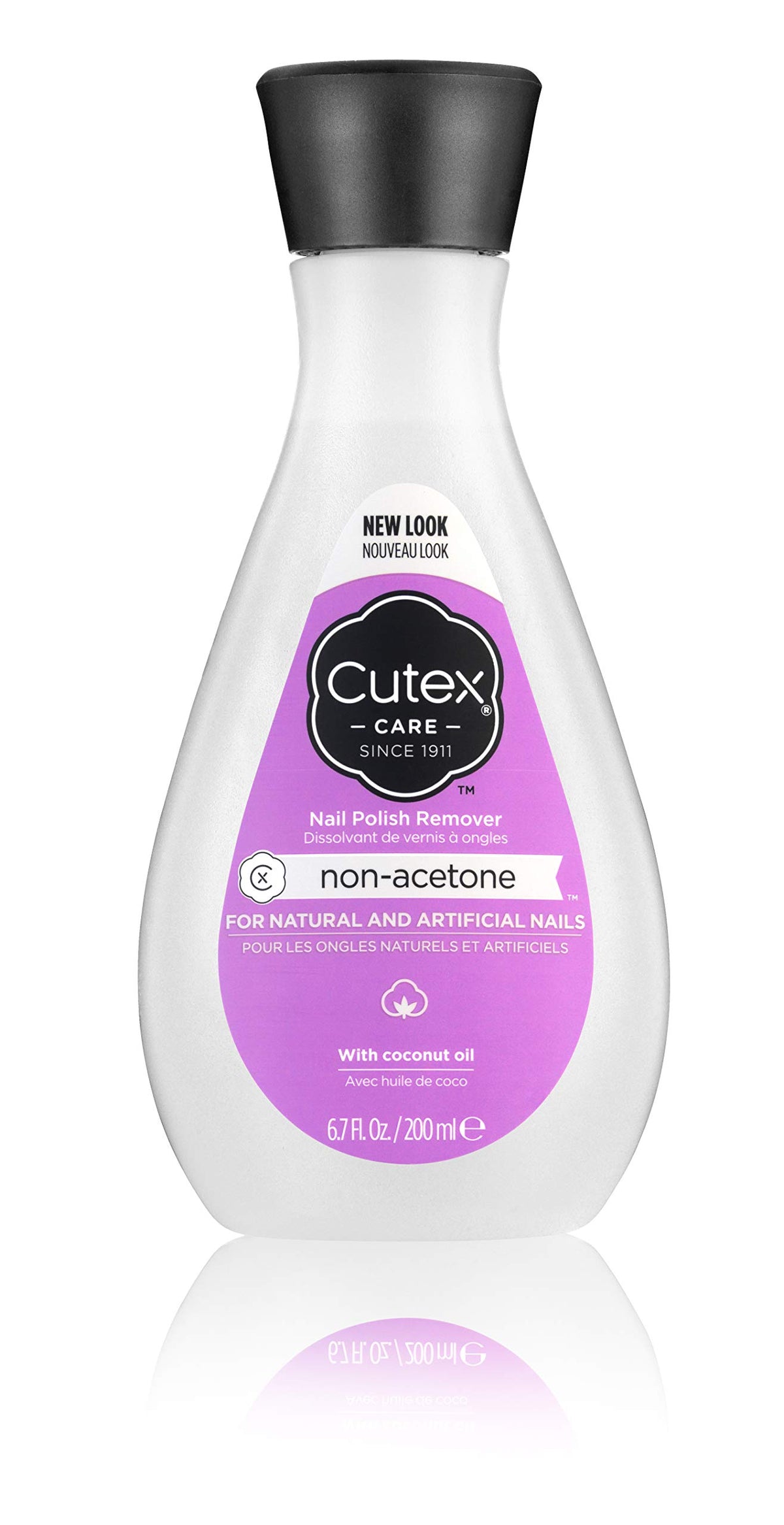 Cutex Non-Acetone Nail Polish Remover bottle closeup for gentle polish removal.