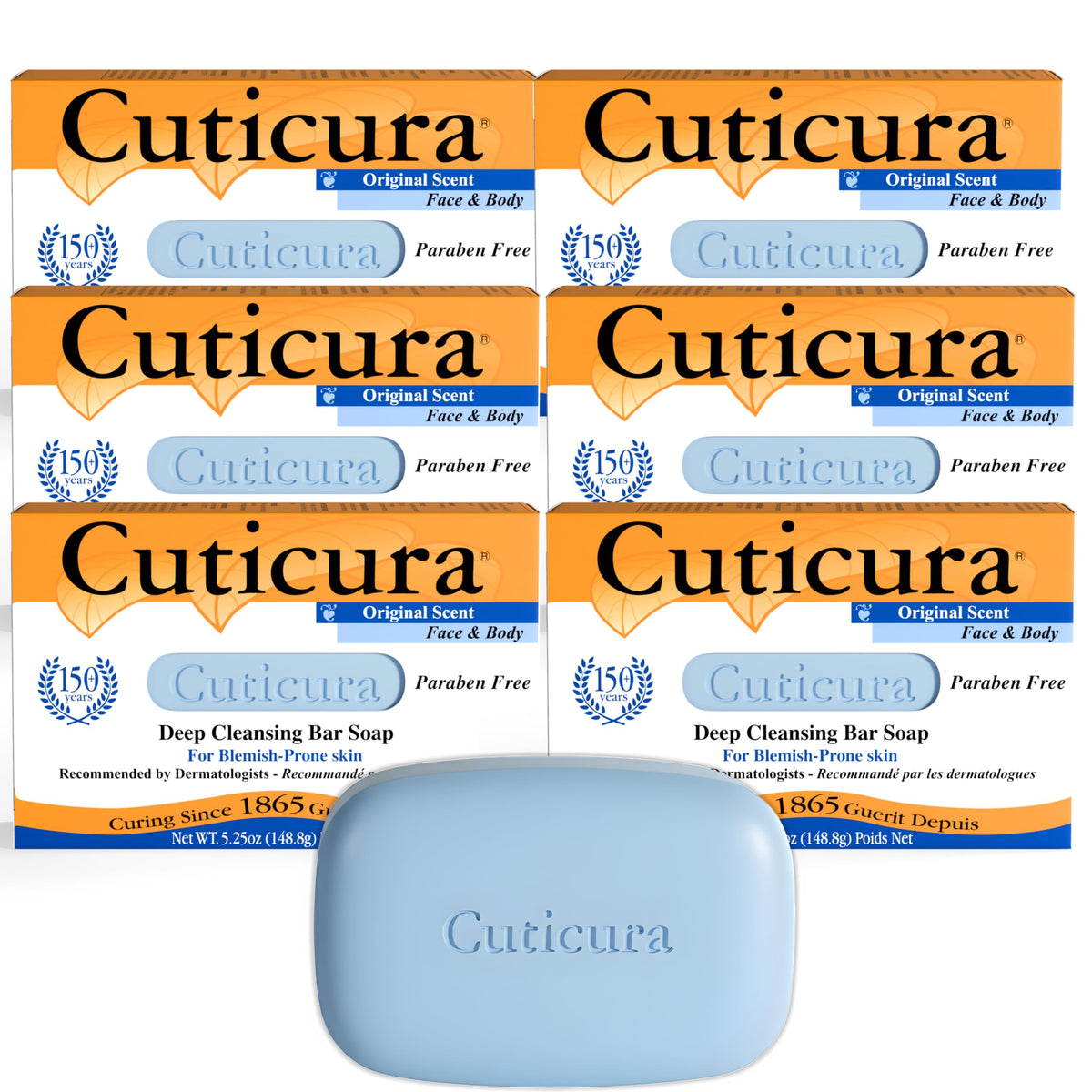 Cuticura deep cleansing soap bar in a six-pack for blemish-prone skin.