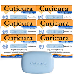 Cuticura deep cleansing soap bar in a six-pack for blemish-prone skin.