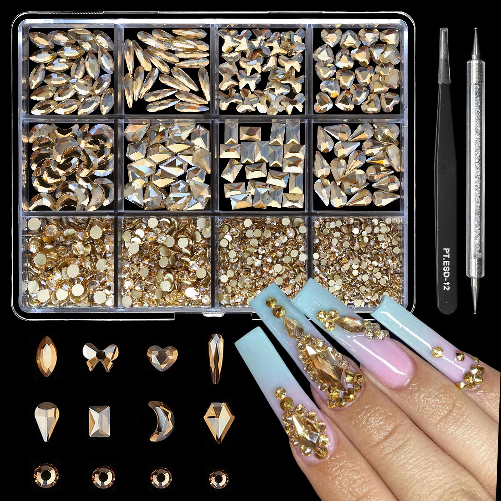 Cycullinyt 1660Pcs champagne nail rhinestones with 8 shapes for versatile nail art and crafts.