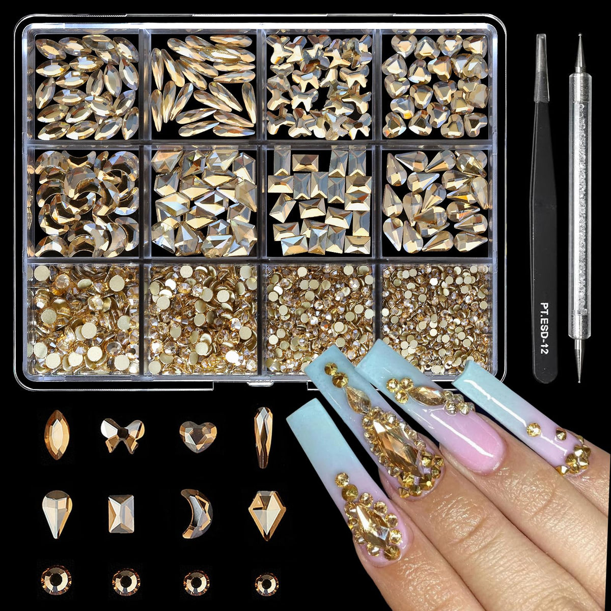 Cycullinyt 1660Pcs champagne nail rhinestones with 8 shapes for versatile nail art and crafts.