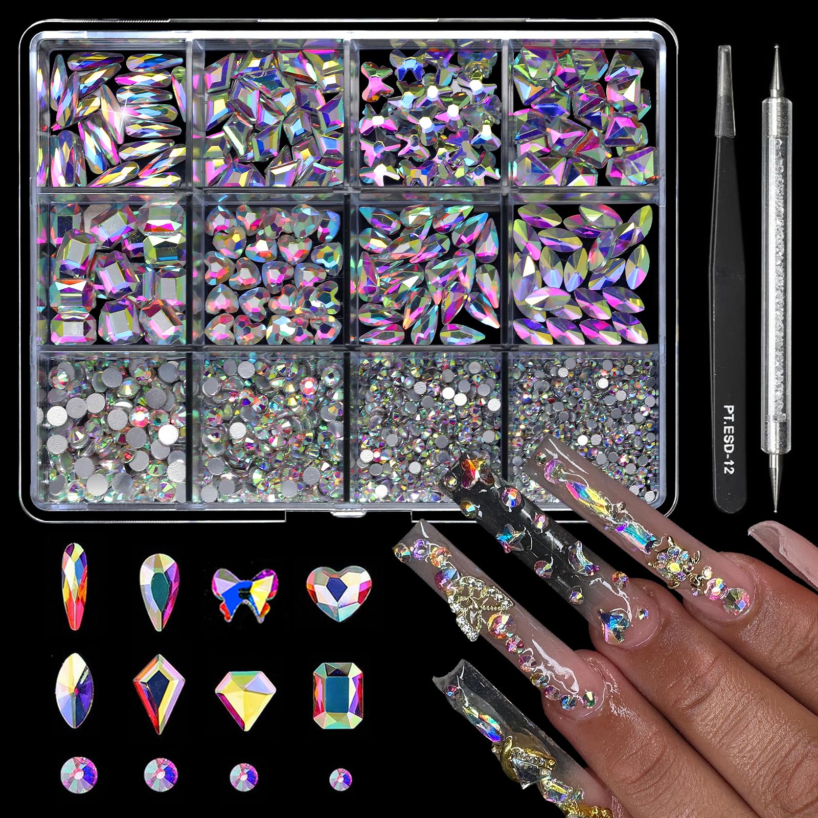 Cycullinyt 1660pcs crystal AB rhinestones in eight shapes for dazzling nails