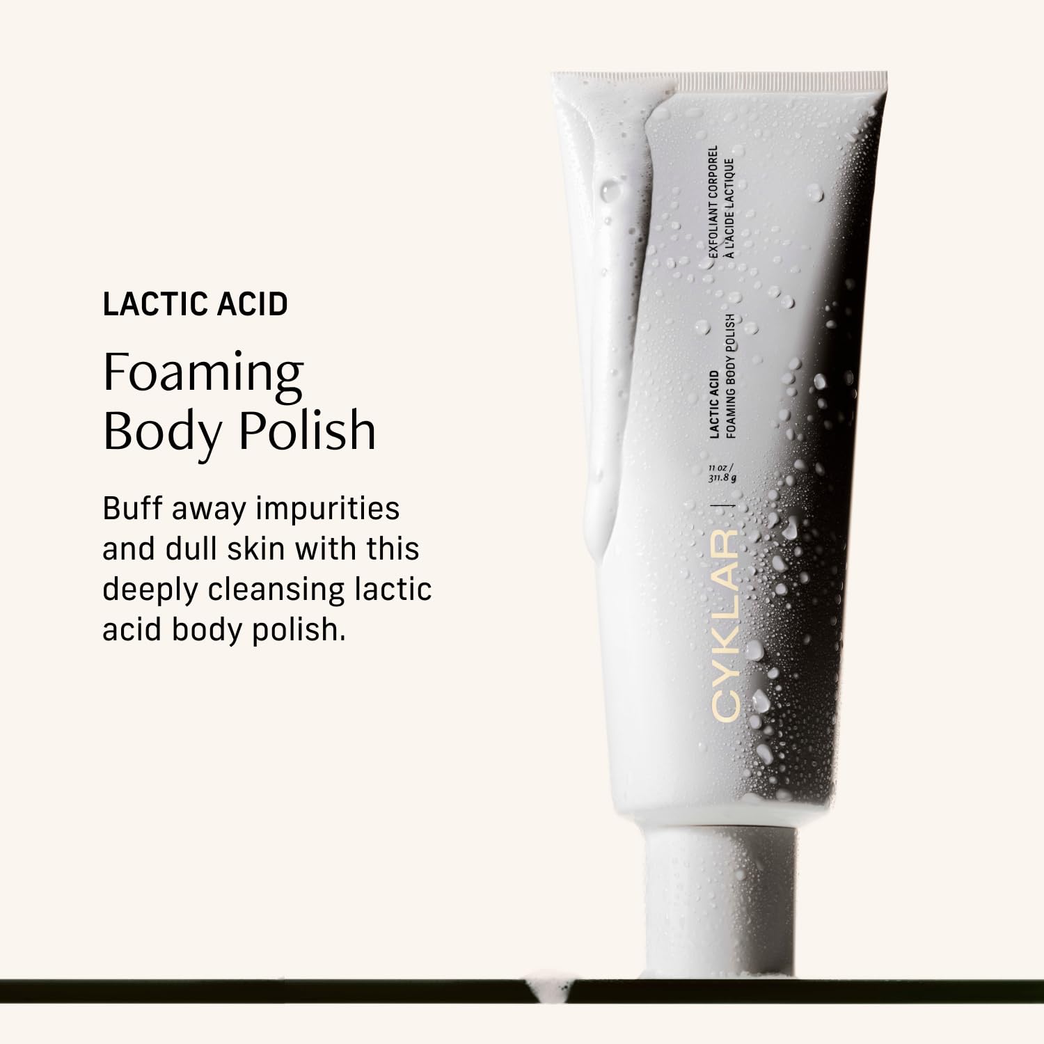 CYKLAR Lactic Acid Body Polish bottle angle, gentle chemical and physical exfoliation.