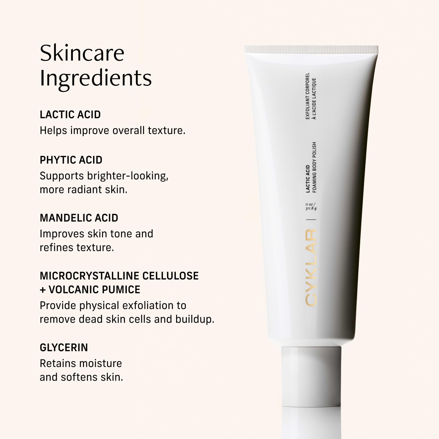 Fragrance-free CYKLAR Lactic Acid Body Polish label promotes gentle skincare.