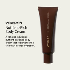 CYKLAR Nutrient Rich Body Cream ingredients close-up highlighting squalane, niacinamide, banana flower for skin support.