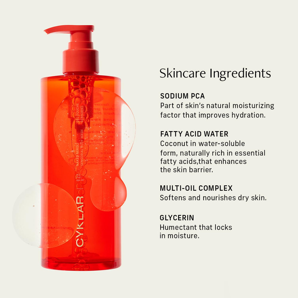 CYKLAR Naked Neroli bottle close-up emphasizes premium, skin-friendly ingredients.