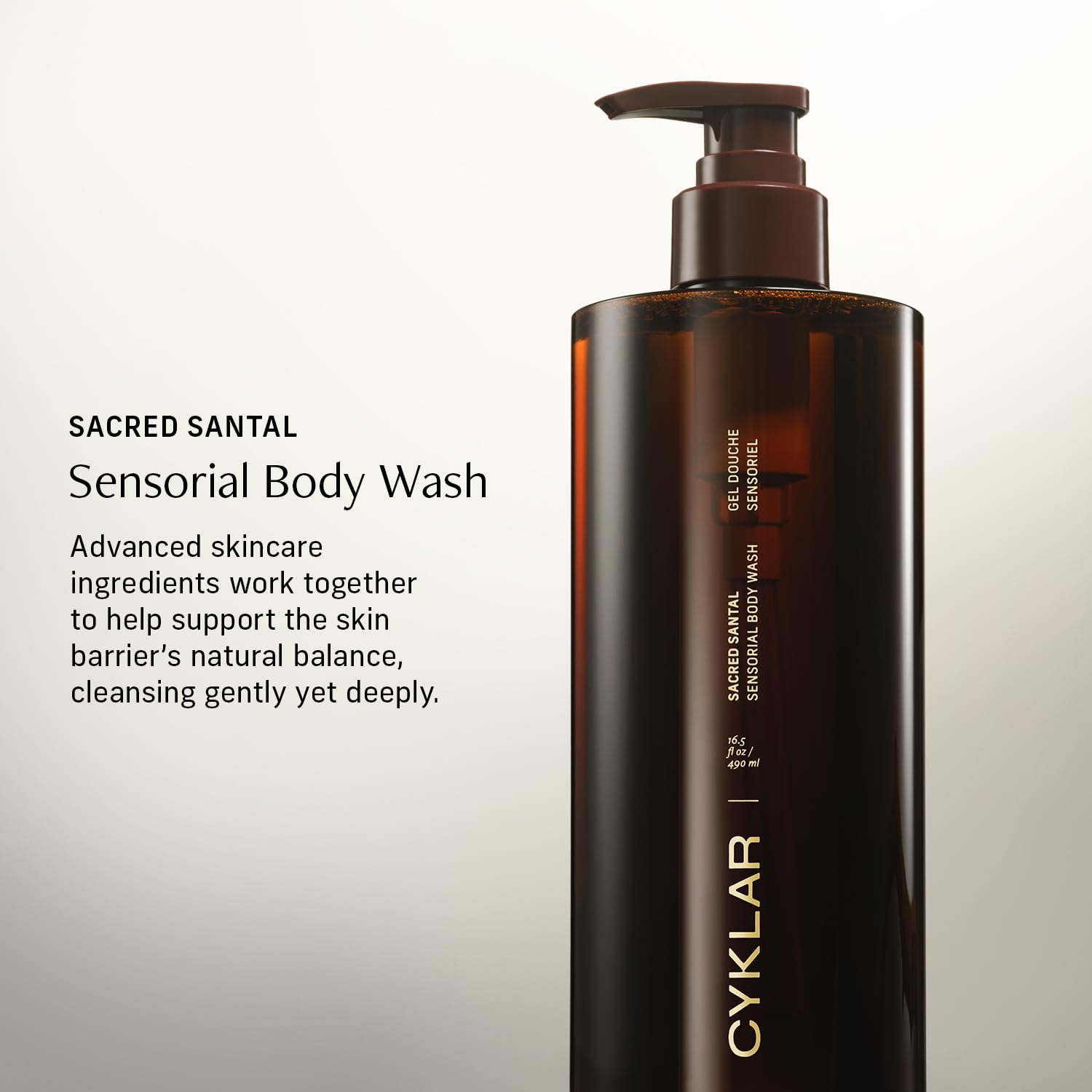 CYKLAR Sensorial Body Wash Sacred Santal bottle back highlighting hydration-friendly formula