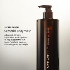 CYKLAR Sensorial Body Wash Sacred Santal bottle back highlighting hydration-friendly formula
