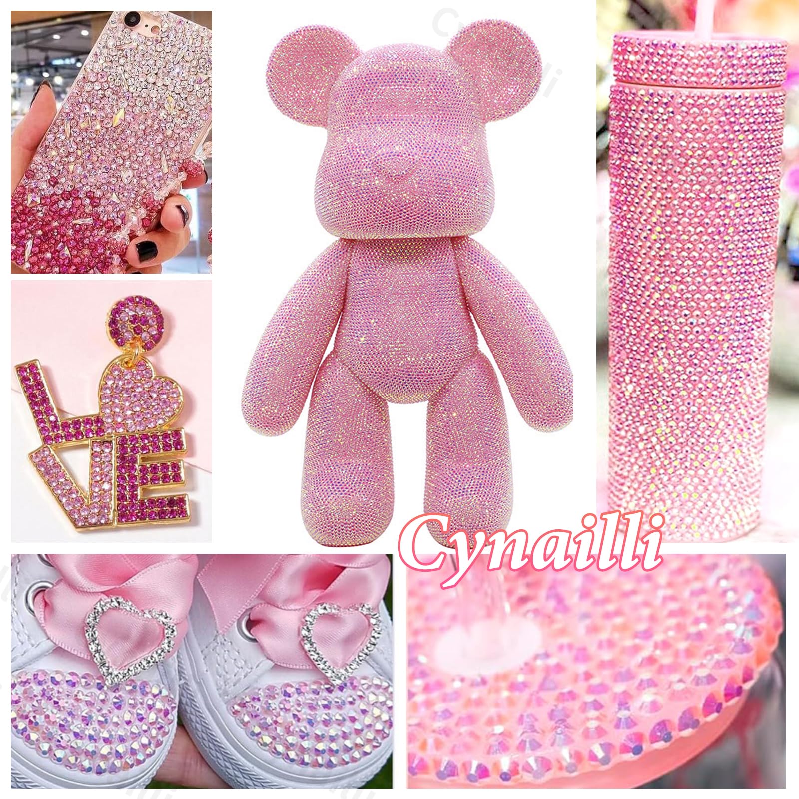 Cynailli pink rhinestones decorate cups, mugs, and bottles