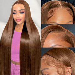 Cypha 28-inch chocolate brown lace-front wig, front view, natural-looking scalp and seamless blend
