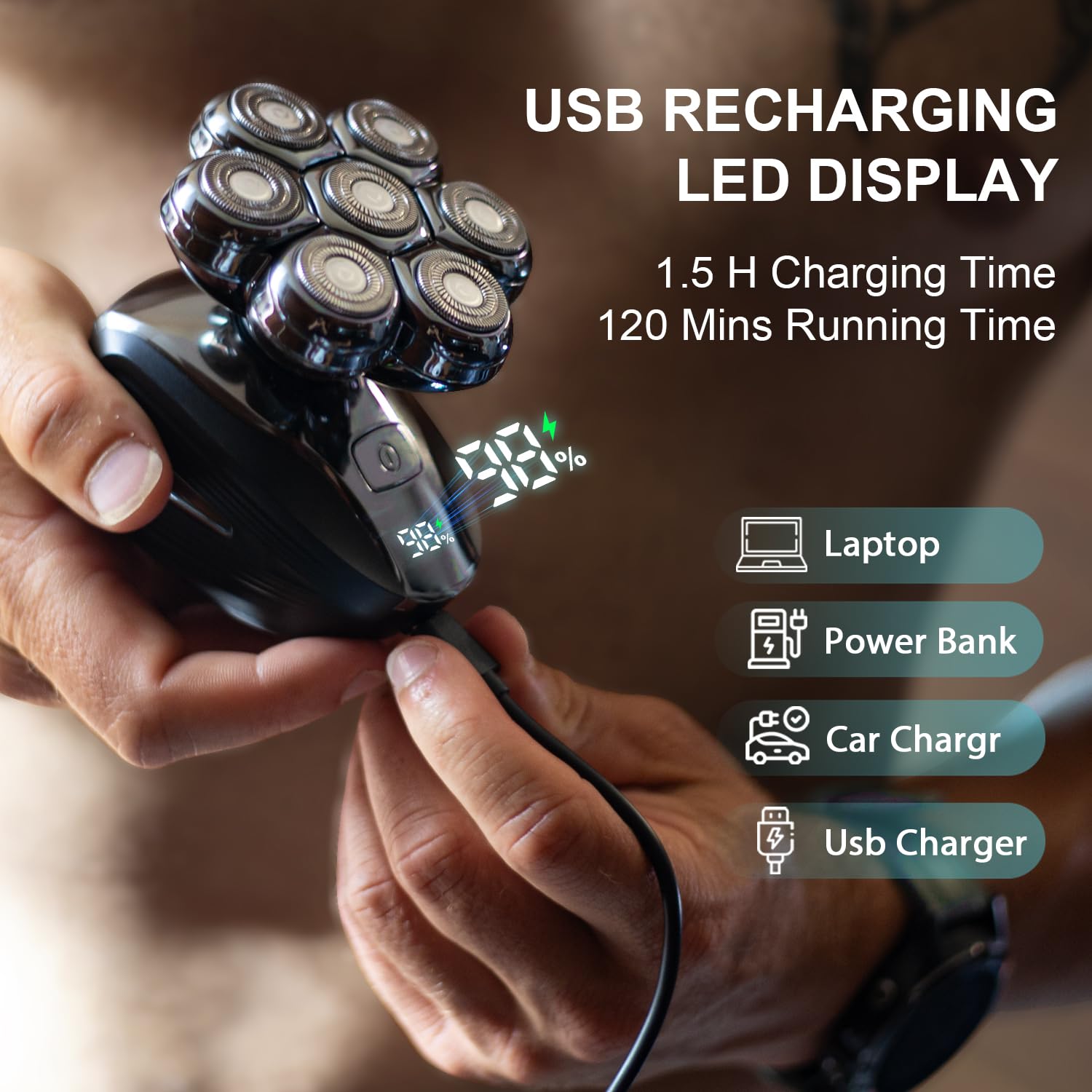 Cyruzi head shaver with LED display shows battery level for reliable grooming.
