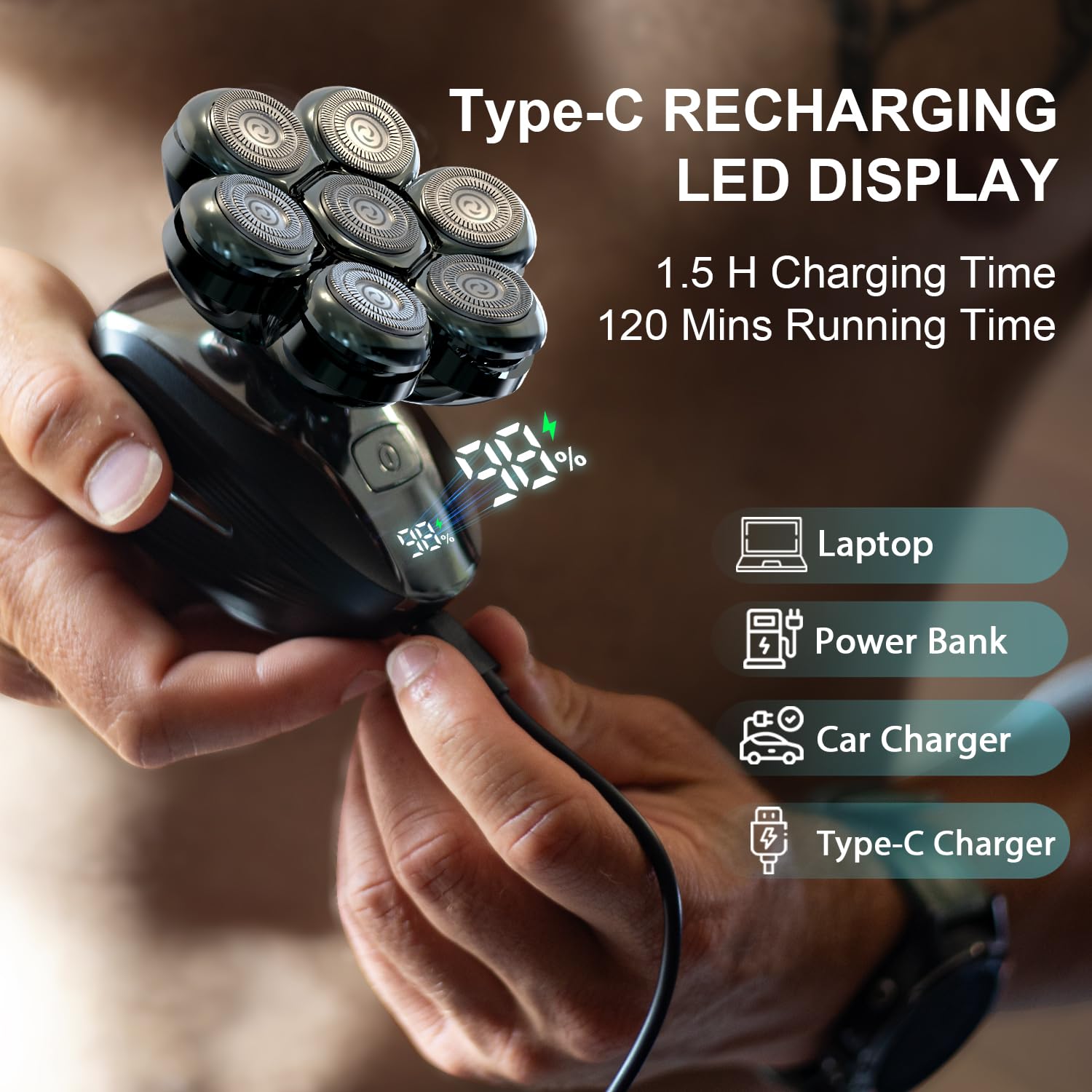Cyruzi LED display shows battery level and quick Type-C charging readiness.