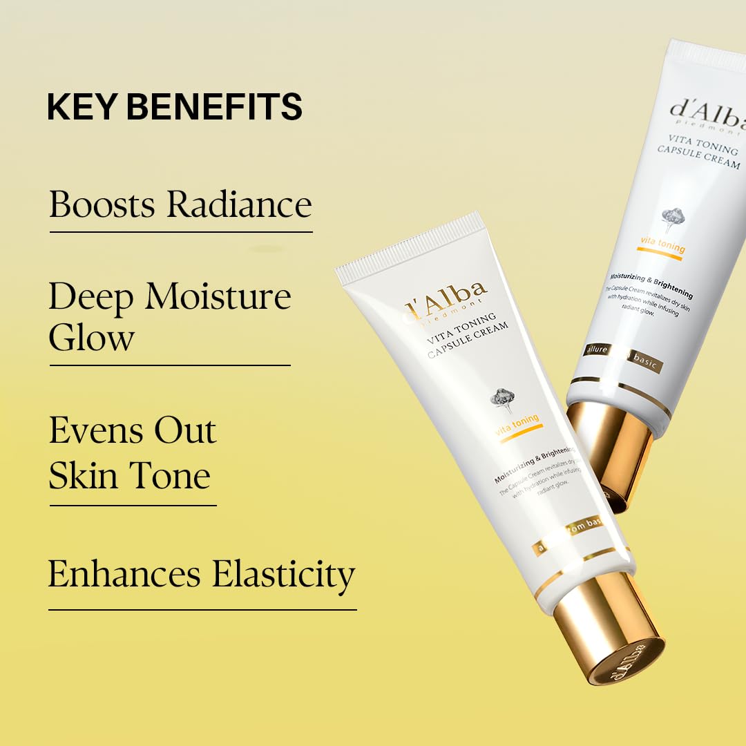 D'alba Piedmont Vita Toning tube on vanity with soft lighting, daily skincare ally.