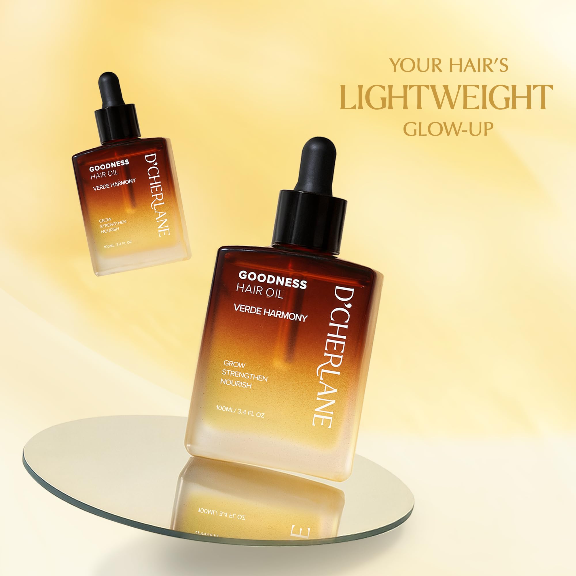 D'Cherlane amber glass bottle preserves potency and supports clean vegan care.