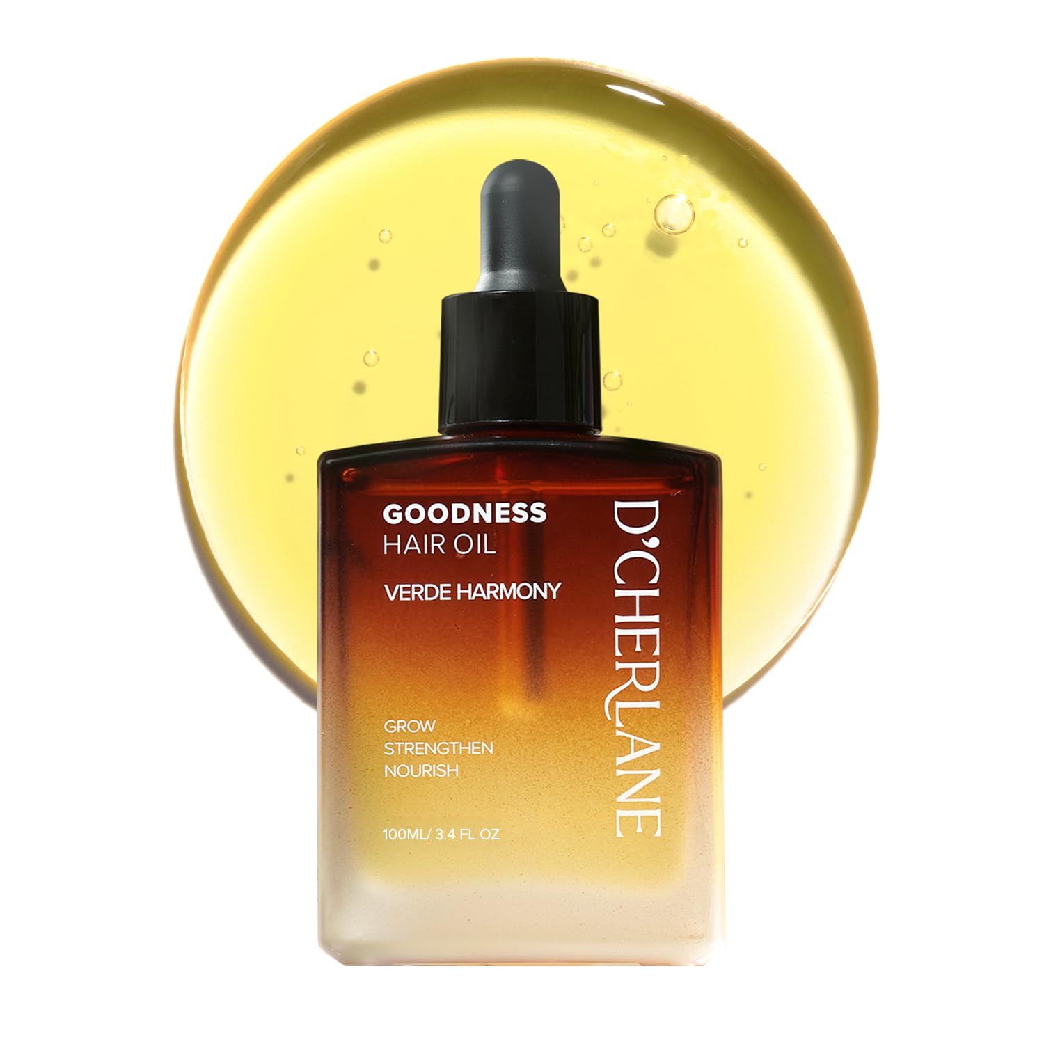 D'Cherlane hair growth oil bottle pour for quick, non-greasy scalp nourishment.