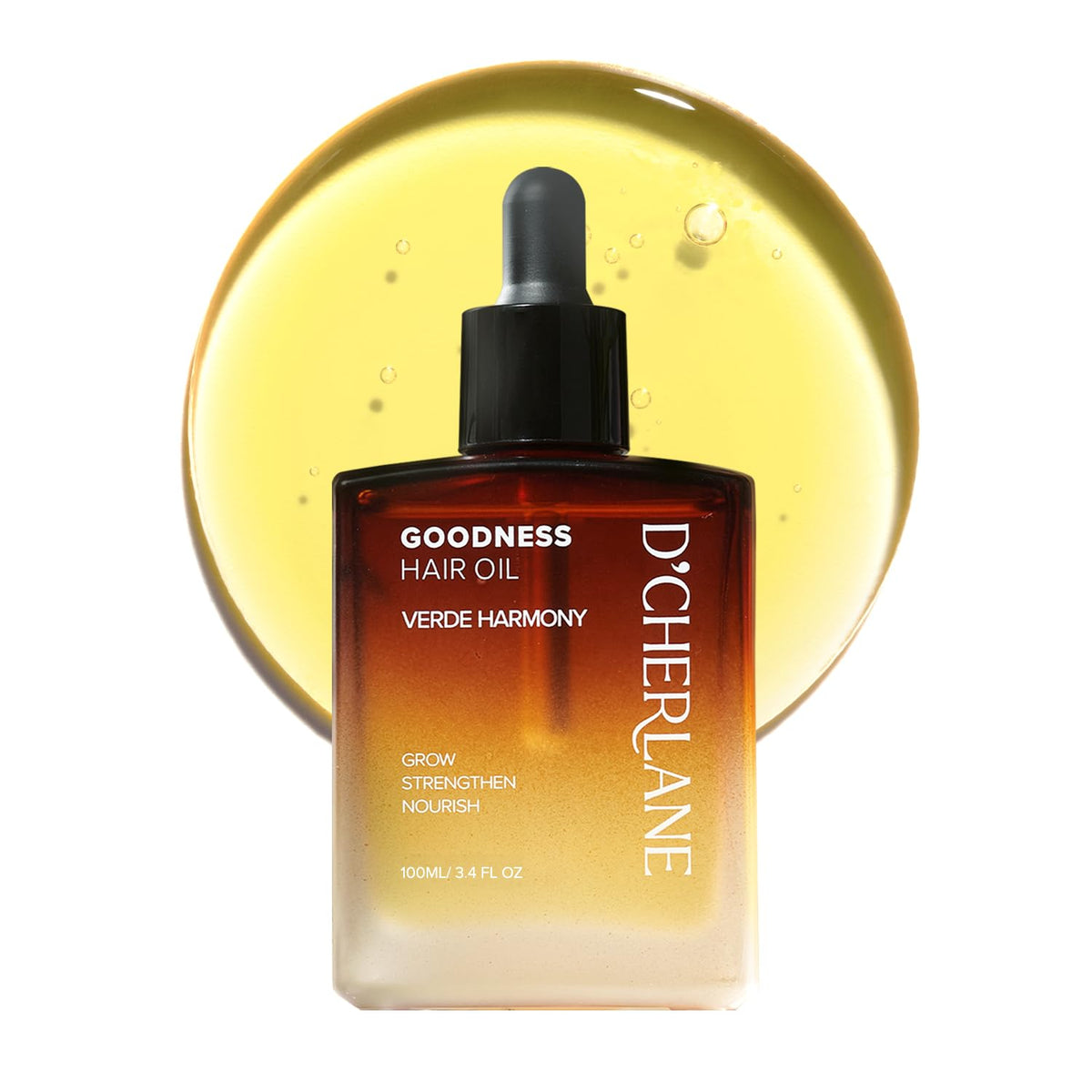 D'Cherlane hair growth oil bottle pour for quick, non-greasy scalp nourishment.