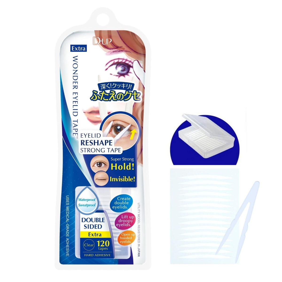 D-UP Invisible Double Eyelid Tape for hooded eyes blends naturally for a subtle crease