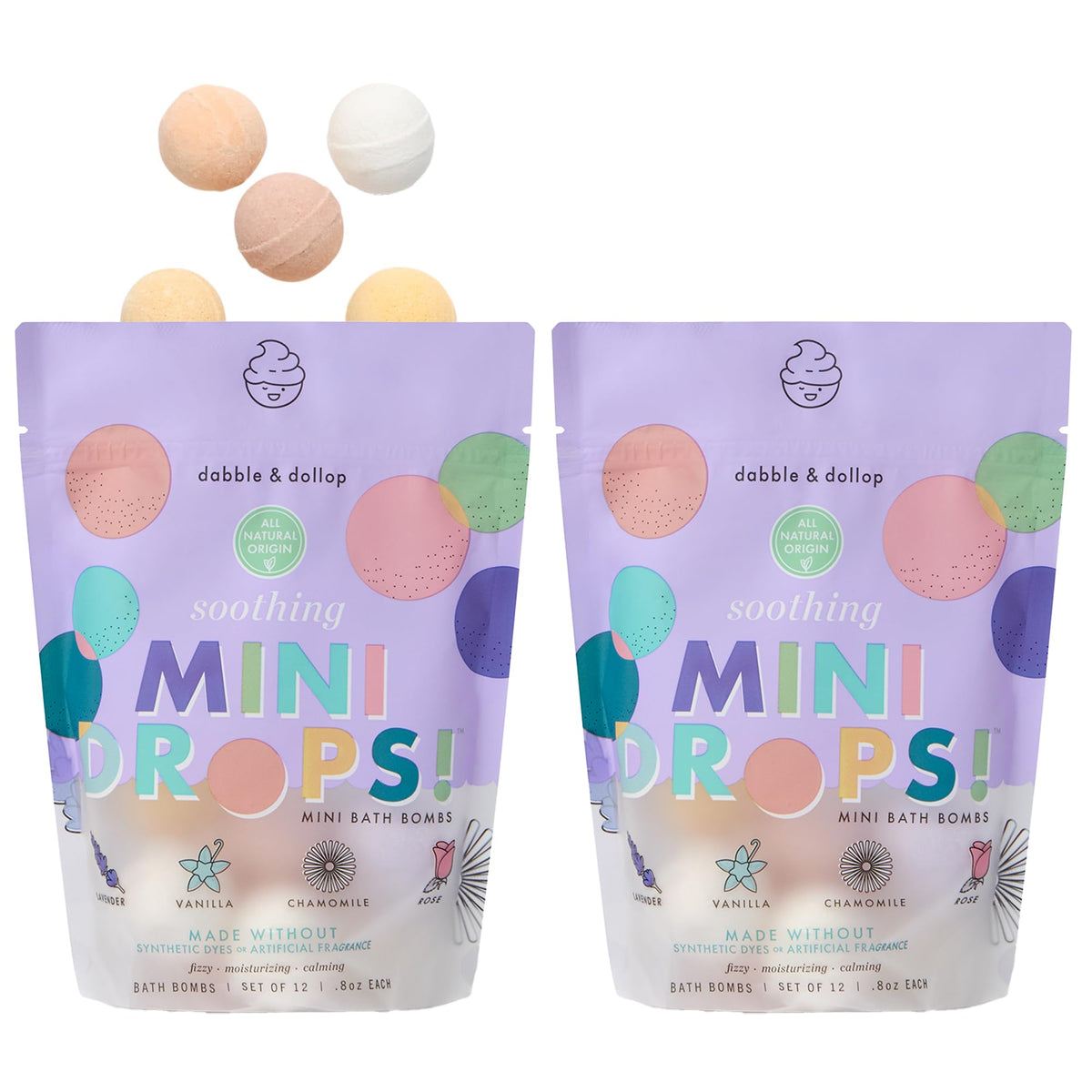 Dabble and Dollop mini bath bombs in a resealable pouch deliver kid-friendly fizz and moisture.